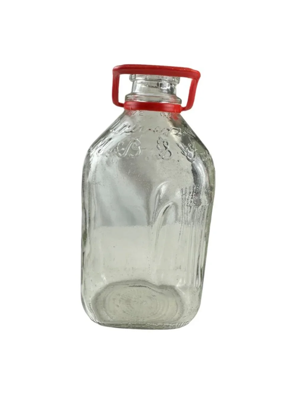 Vintage Glass Milk Bottle With Red Handle - Embossed Script Design - 10 Inches T